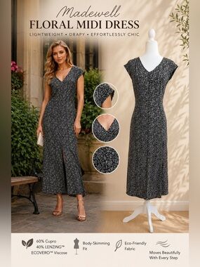 Madewell Floral Midi Dress Sz 2 Cupro Blend V Neck Resort Vacation Coastal Chic